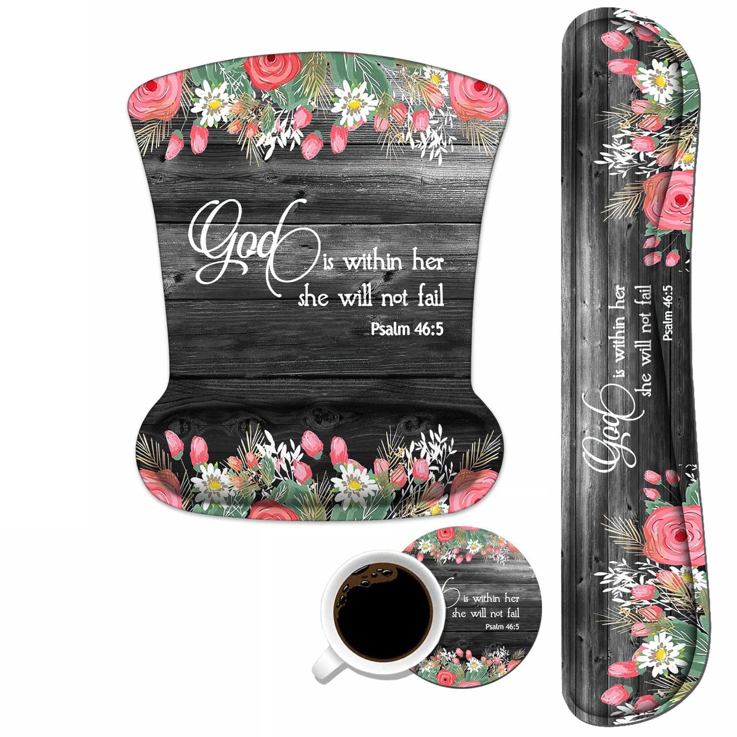 Keyboard Wrist Rest and Mouse Wrist Rest Pad Set with Coasters, Ergonomic Support, Non-Slip PU Base, Easy Typing & Pain Relief for Home Office Working Studying, Floral Quote Bible Verses Psalm 46:5