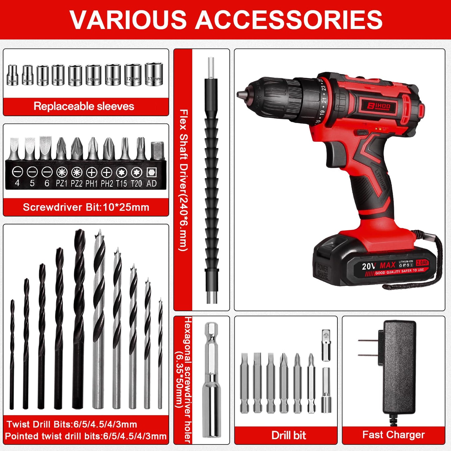 BIHOO Cordless Drill Set,20V Drill Driver with Battery and Charger,3/8-Inch Keyless Chuck, Variable Speed,with Drills Bits Set,Red