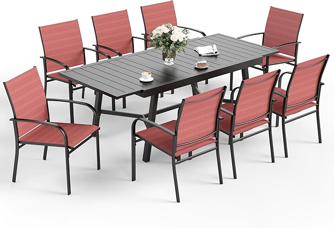 9 Piece Patio Dining Set for 8, Rectangular Extendable Dining Table, 8 Metal Red Chairs, Outdoor Table and Chairs Set for Lawn Backyard and Deck