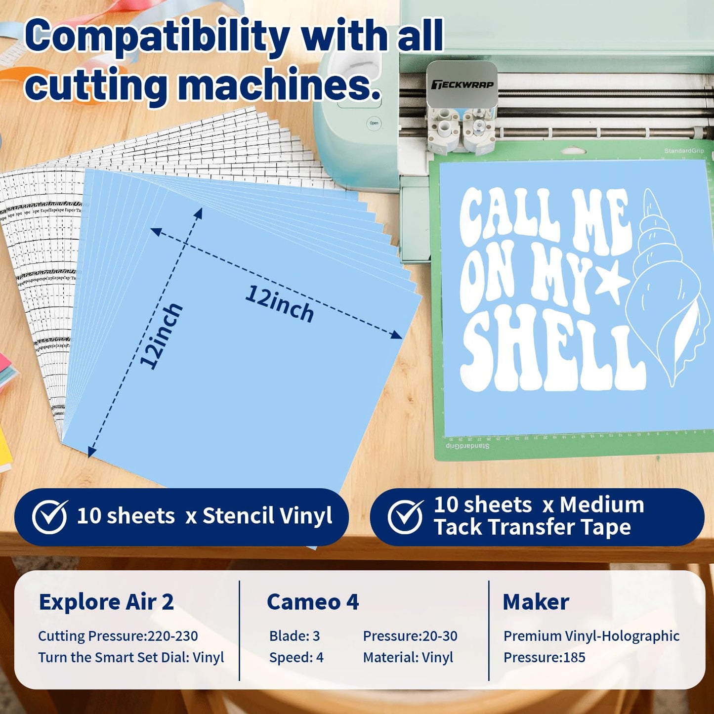 TECKWRAP Blue Stencil Vinyl Adhesive Masking Film with Anti-Bleed Technology & Black Grid Transfer Tape, 12”X12” 10 Sheets/Style, Permanent Adhesive Vinyl, DIY Decals, Signs, Windows, Stickers