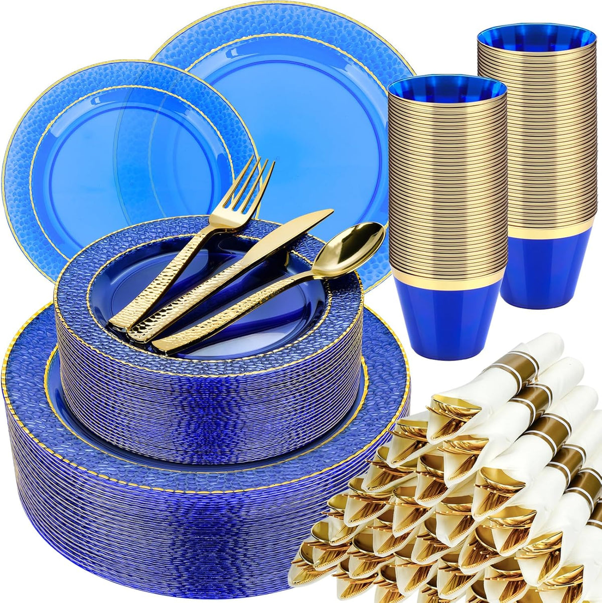 350PCS Clear Blue Plastic Plates for 50 Guests, Disposable Dinnerware Set for Party and Graduation, Includes 100 Plastic Plates, 50 Pre Rolled Napkins with Gold Silverware, 50 Cups