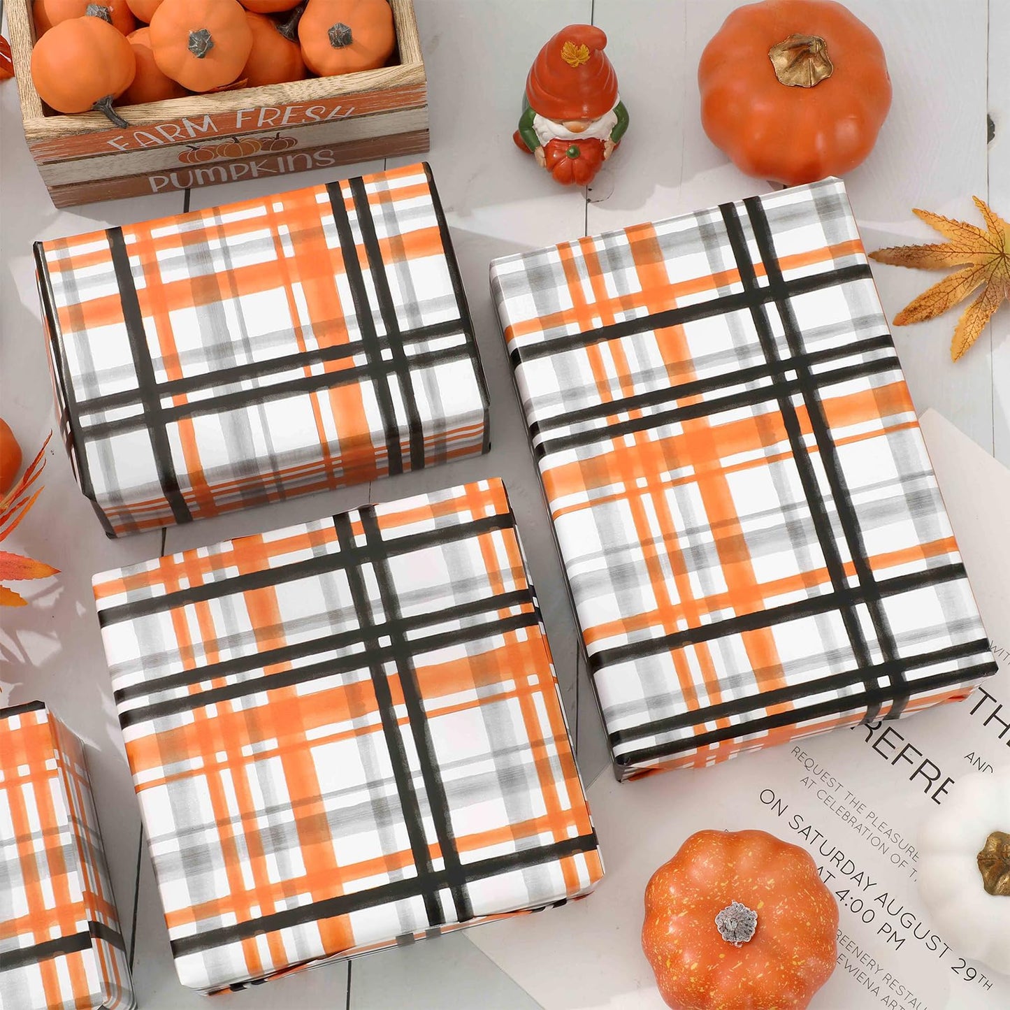 JarThenaAMCS Fall Plaid Wrapping Paper -Mini Roll- 17in x 32.8Ft Orange Black Checkered Gift Wrap Paper for Autumn Thanksgiving Party Wrapping Supplies