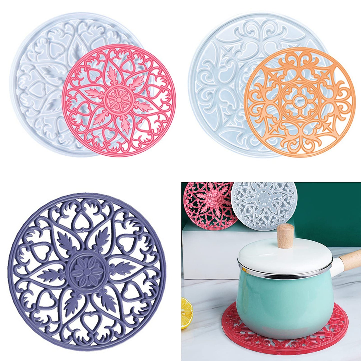 Mandala Coaster Resin Molds 2pcs Large Silicone Coaster Molds for Hollow Flower Tray Epoxy 3D Geode Design Shiny Molds for Home Decoration Coaster Resin Casting Mold Set
