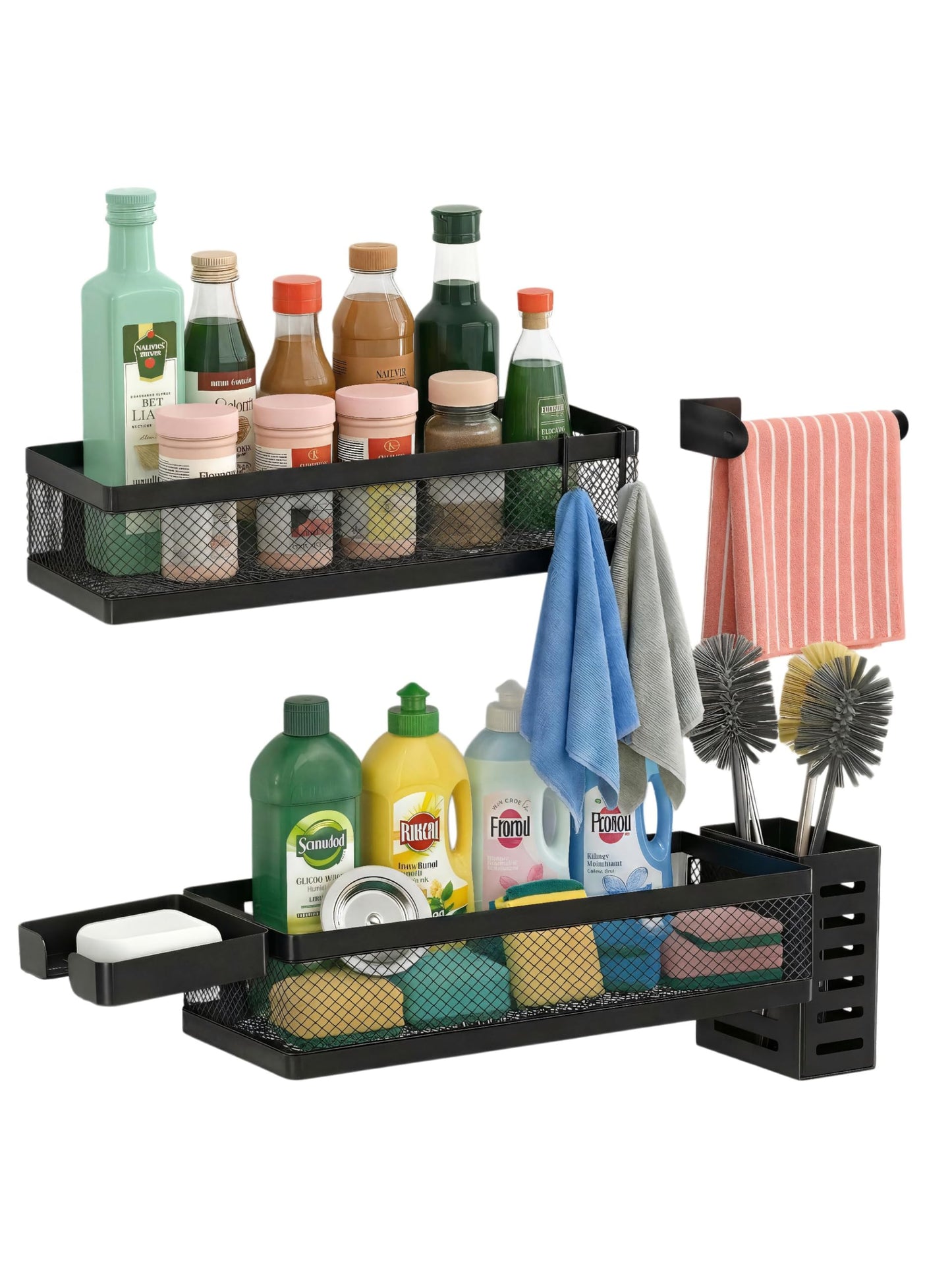 PUSDON 5-in-1 Wide Wall Mount Wrapped Mesh Kitchen Organizer & Shower Caddy Kit, with Paper Towel Holder, Utensil Holder, Soap Dish, Heavy Duty 50LBS - Matte Black, Netting
