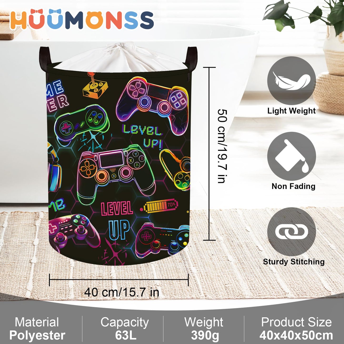 HUUMONSS Gaming Laundry Hamper Game Controller Console Large Storage Basket Collapsible Parents Organizer Boys Clothes Toy Bins for Bedroom, Bathroom, Black, 63L