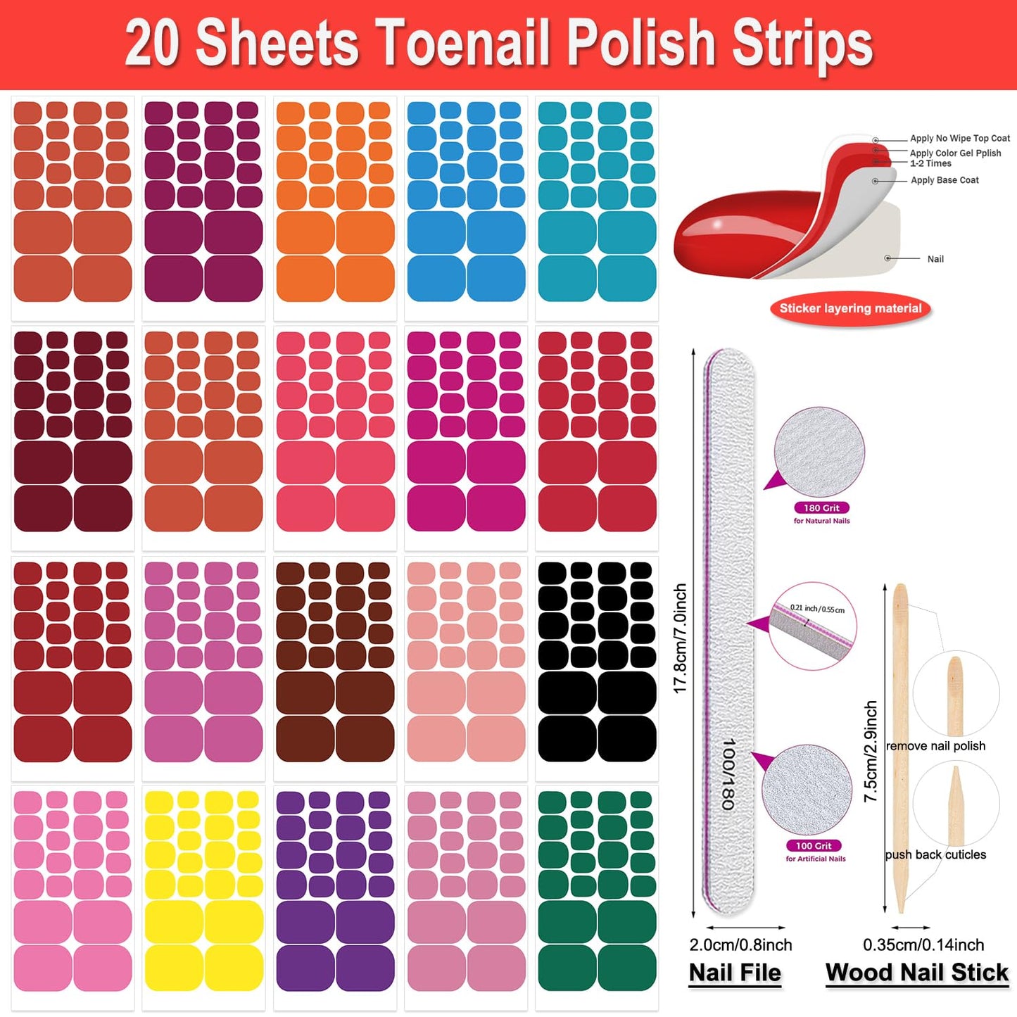 DANNEASY 20 Color Toenail Nail Stickers and Wraps - Full Nail Polish Strips with Adhesive, Gel Nail Polish, File and Cuticle Stick