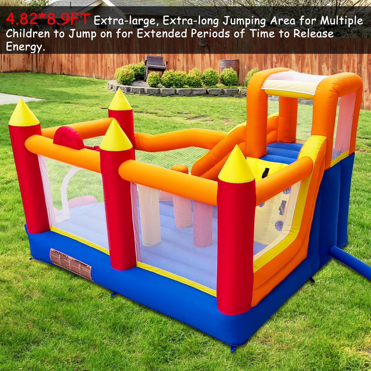 Baralir Inflatable Bounce House with 8.98 * 4.82 Ft Oversized Jump Area, 88'' Extra-Long Slide Kids Bounce House with Climbing Wall, Obstacle Poles & Hoop- Durable & Safe Backyard Fun for Kids