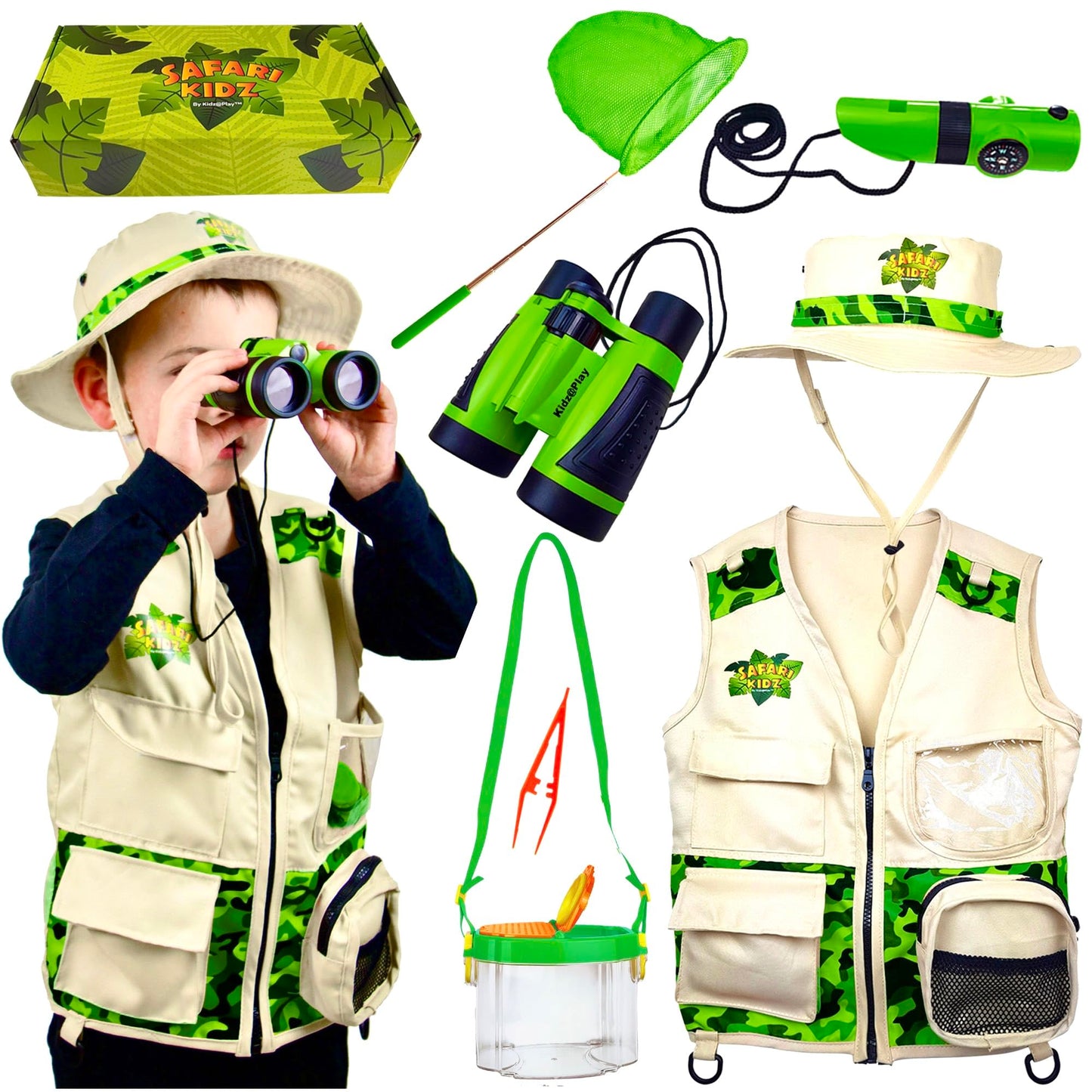 Kidz@Play Bug Hunting Kit, Green Safari Vest, Hat, Binoculars, Lg. Butterfly Net, Bug Container, Whistle, Flashlight, Magnifier, Thermostat, Compass, Age 3+