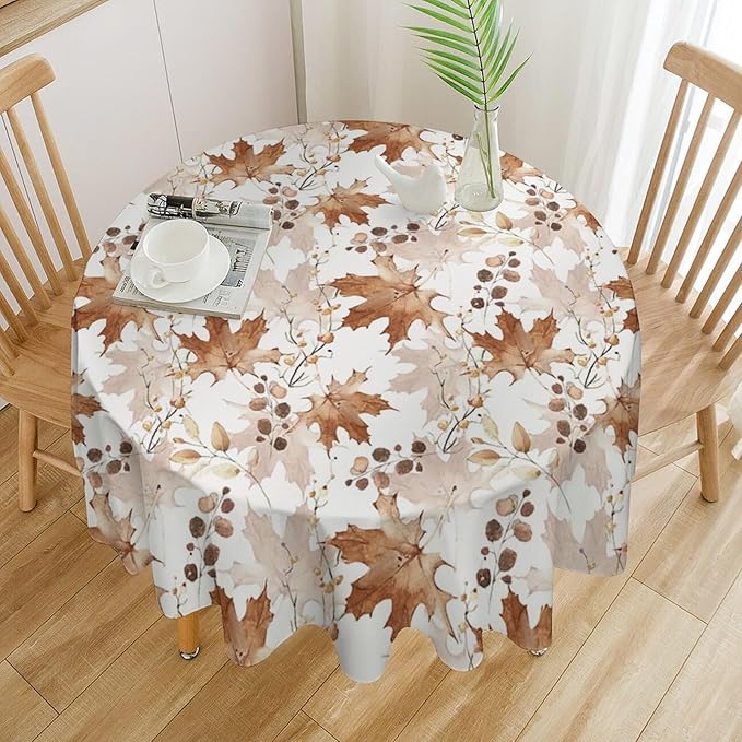 Thanksgiving Maple Leaves Tablecloth, Watercolor Autumn Harvest Fall Watercolor Blue Yellow Leaves Table Cover for Party Picnic Dinner Decor 70x70 Inch Round