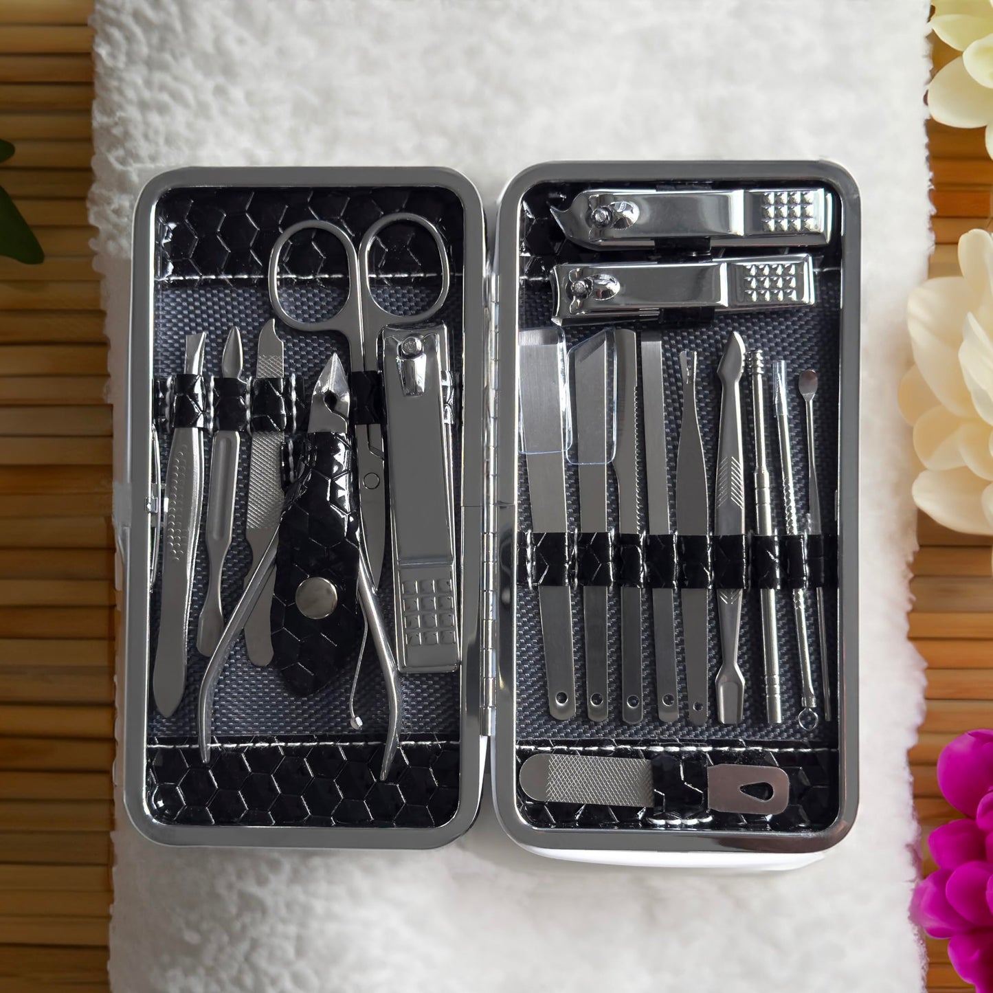 Jaws Podiatry Nail Clippers Set, 18-in-1 Manicure Pedicure Kit - Durable Stainless Steel, Cuts Thick Nails Easily, Lightweight for Travel, Gift-Ready Luxury Case, Silver