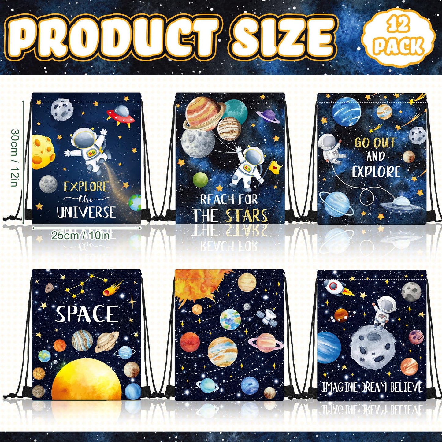 Paterr 12 Pcs Outer Space Party Favors, Astronaut Drawstring Backpack for Kids, Reusable Birthday Astronaut Return Goodie Bags, Galaxy Space Gift Bag for Baby Shower Supplies Candy Treat