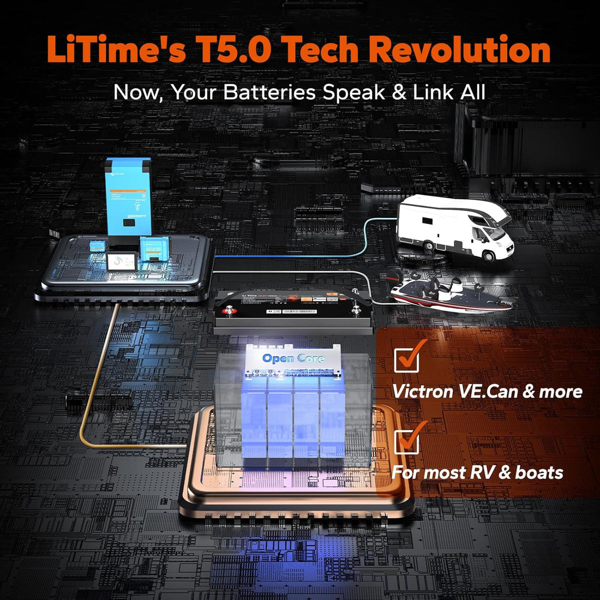 LiTime 12V 100Ah LiFePO4 Group 31 Battery, Compatible with Victron, Built-in 100A BMS & Bluetooth, Low-Temperature Protection, CAN/RS485 Communication, Ideal for Trolling Motors, Marine, RV (2Pack)