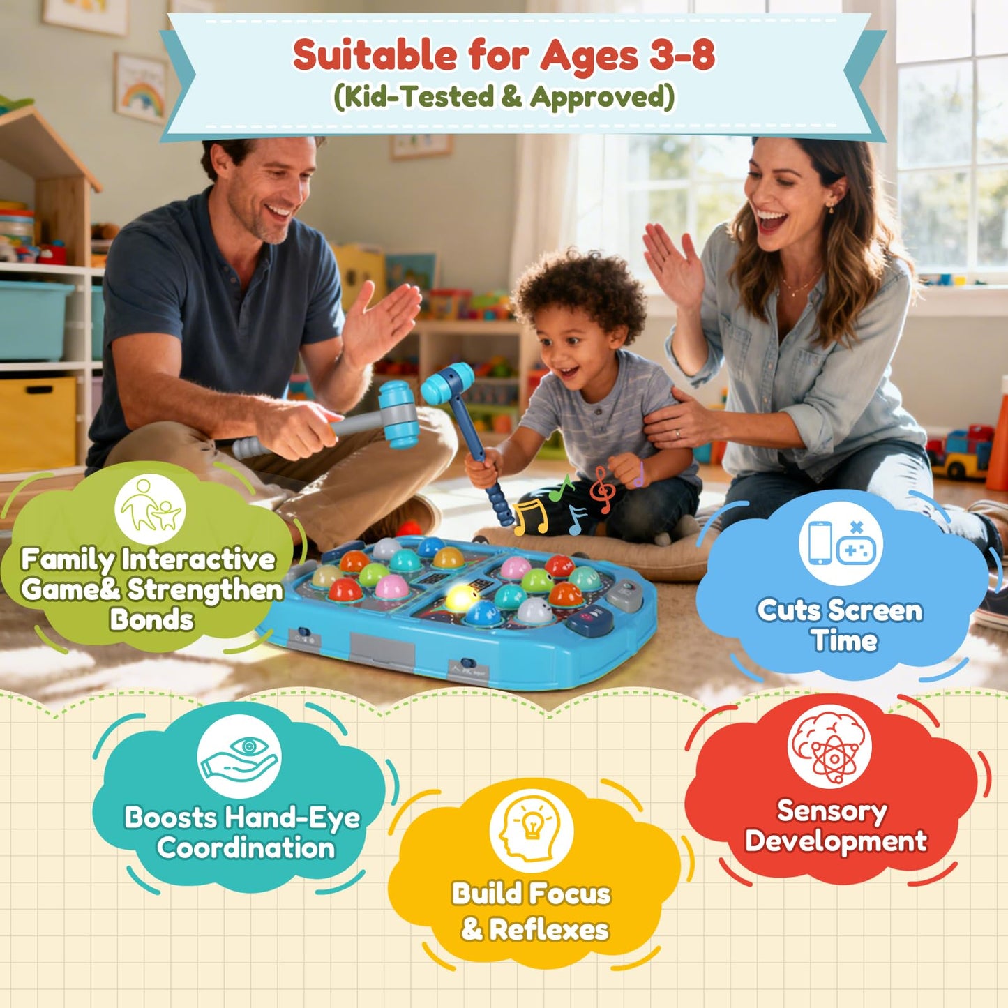 2-Player Whack Game Mole - Toys for Age 3-12 Kids,2 Hammers,3 Modes with Sound & Light,Safe Educational Pounding Toy,Birthday for 3 4 5 6+ Year Old Boys Girls,Blue
