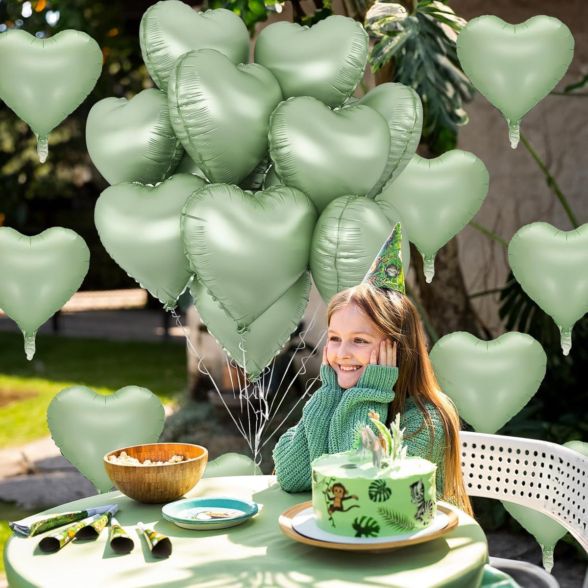 Sage Green Heart Foil Balloon, 10PCS Olive Green Heart Helium Balloons, Light Green Heart Shaped Mylar Balloons for Jungle Safari Party Birthday Graduation Garden Wedding Baby Shower Party Decorations
