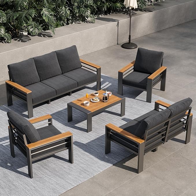 Aoxun Aluminum Outdoor Patio Furniture Set, 7 Seats Outdoor Sectional with Coffee Table, Patio Conversation Sets with Upgraded Armrests and Cushions for Backyard, Garden and Poolside