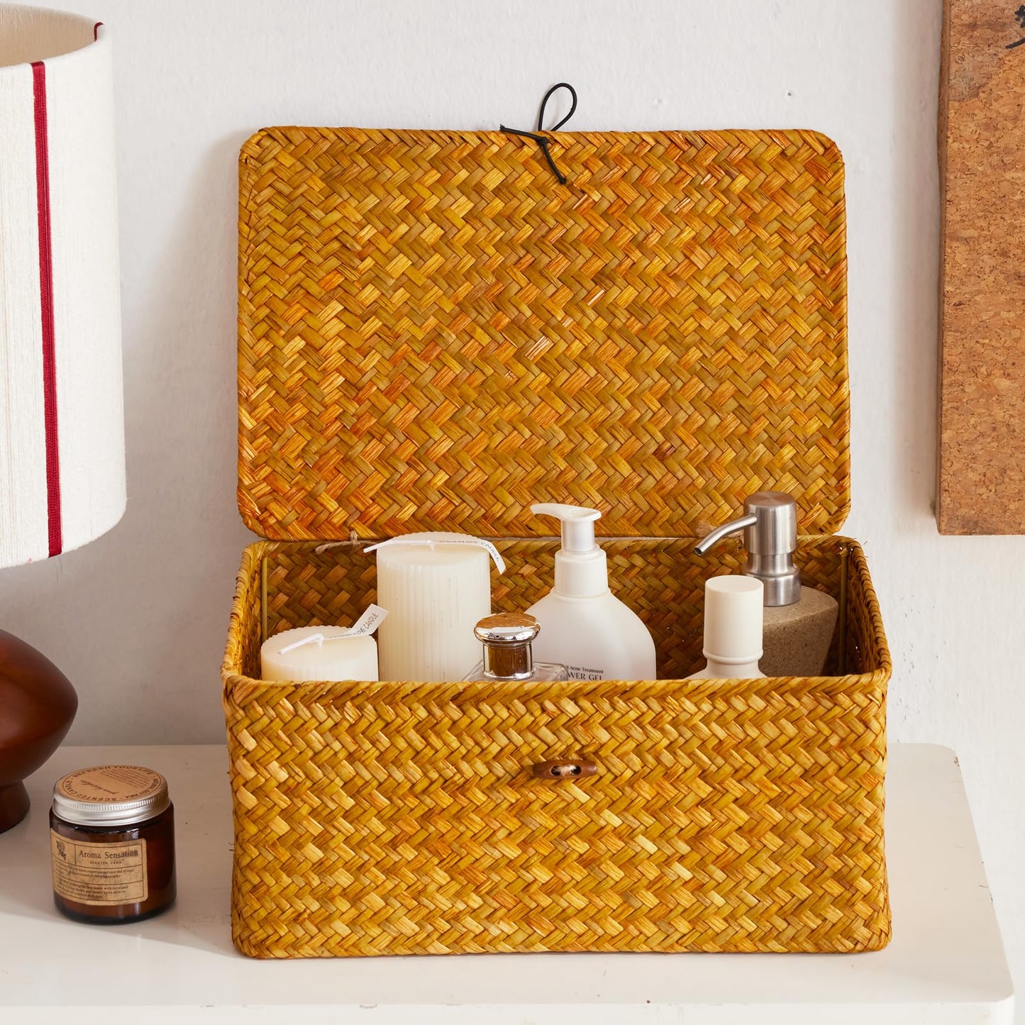 EugroVanth Wicker Storage Box with Lid, Handwoven Baskets for Storage, Rectangle Decorative Baskets Bins Container for Shelf Organizing Home, Set of 3, Natural