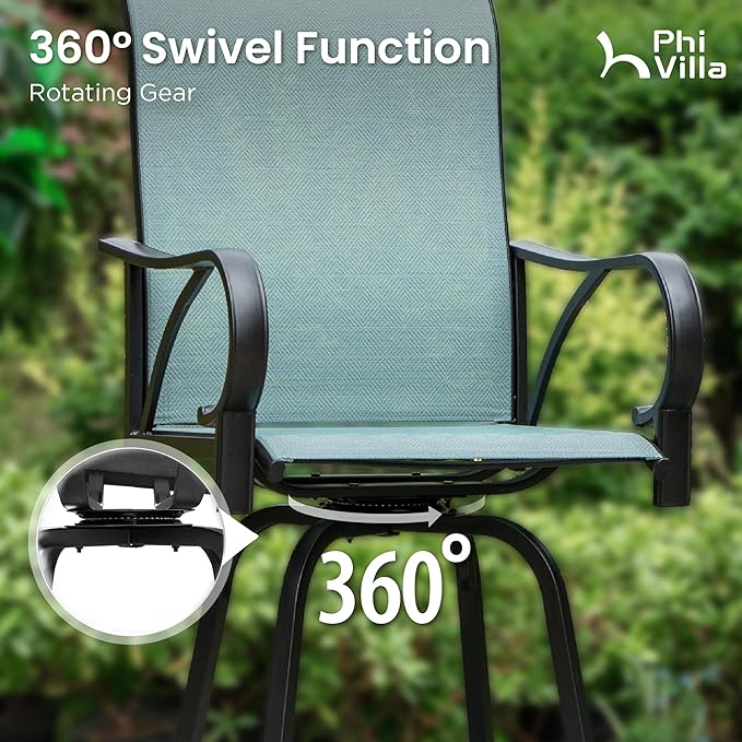 PHI VILLA Outdoor Patio Swivel Bar Set of 3, Jacquard Lake Blue Textilene Furniture Bistro Set with 2 Outdoor Bar Stools and Square Patio Bar Table for Garden Lawn Yard