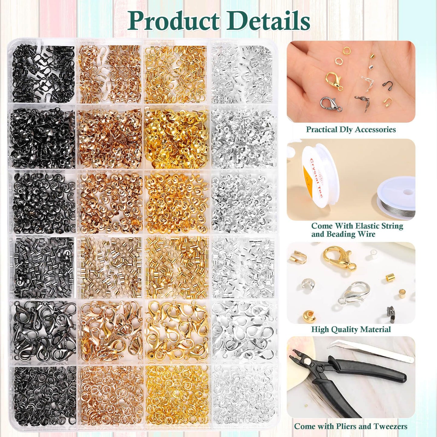 Acejoz 2165 Pcs Crimp Beads for Jewelry Making, Incliding Crimp Bead Covers, Crimp Tubes, Knot Covers, Jump Rings,Wire Guardians, Crimping Pliers, Elastic String for Bracelets Necklaces Making