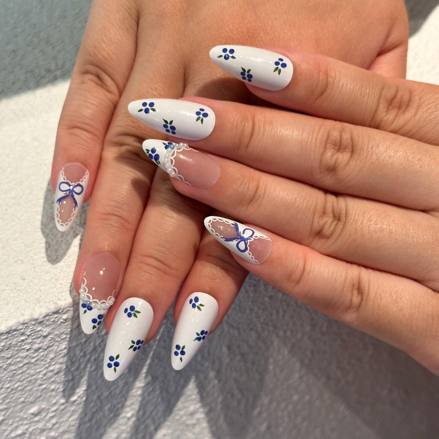 COOCRENAILS Pearl-Framed French Press-On Nails, Blueberry pattern with Lace Detailing, Reusable Adhesive Tabs for Effortless Salon Manicure, 12 Sizes-24Pcs
