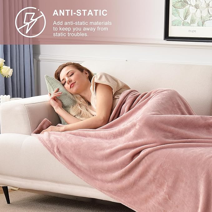 SOCHOW Flannel Fleece Throw Blanket, 340 GSM All Season Super Soft Cozy Blanket for Bed, Sofa or Couch, Dusty Pink, 50x70 inches