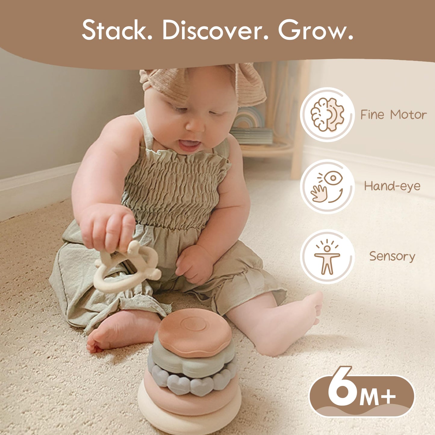 Moonkie Stacks of Circles Soft Teething Toy | Educational Learning Baby Toy | Stacking Ring Toys for Babies Boy and Girl | 7 Piece Teethers Set