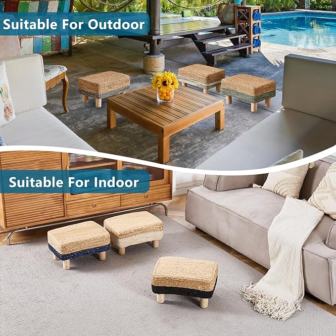 Wimarsbon Natural Seagrass Footstool Ottoman Rectangular Footrest Pouf Ottomans with Wooden Legs Hand Weave Step Stool for Living Room Bedroom Entryway White