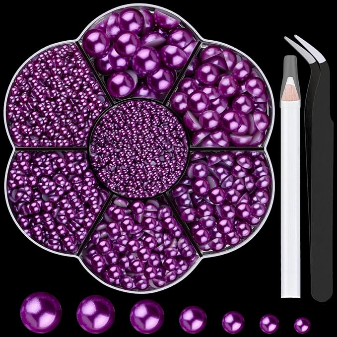 Nail Art Flat Back Half Round Pearl Kits 29, 1 Box of 6000 Pcs Flat-Back Dark Purple with Tweezer and Picker Pencil for Home DIY Nails Body Face Craft and Salon Use