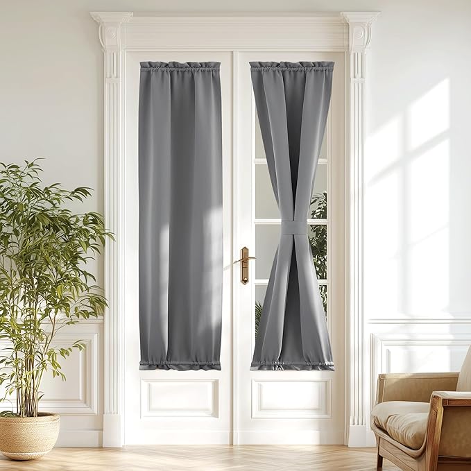 NICETOWN Blackout Door Panel - Thermal Insulated French Curtain Rod Pocket Window Treatments Patio Side French Door Shade Including Bonus Tieback, 20 x 72 inches Long, Silver Grey, One Panel