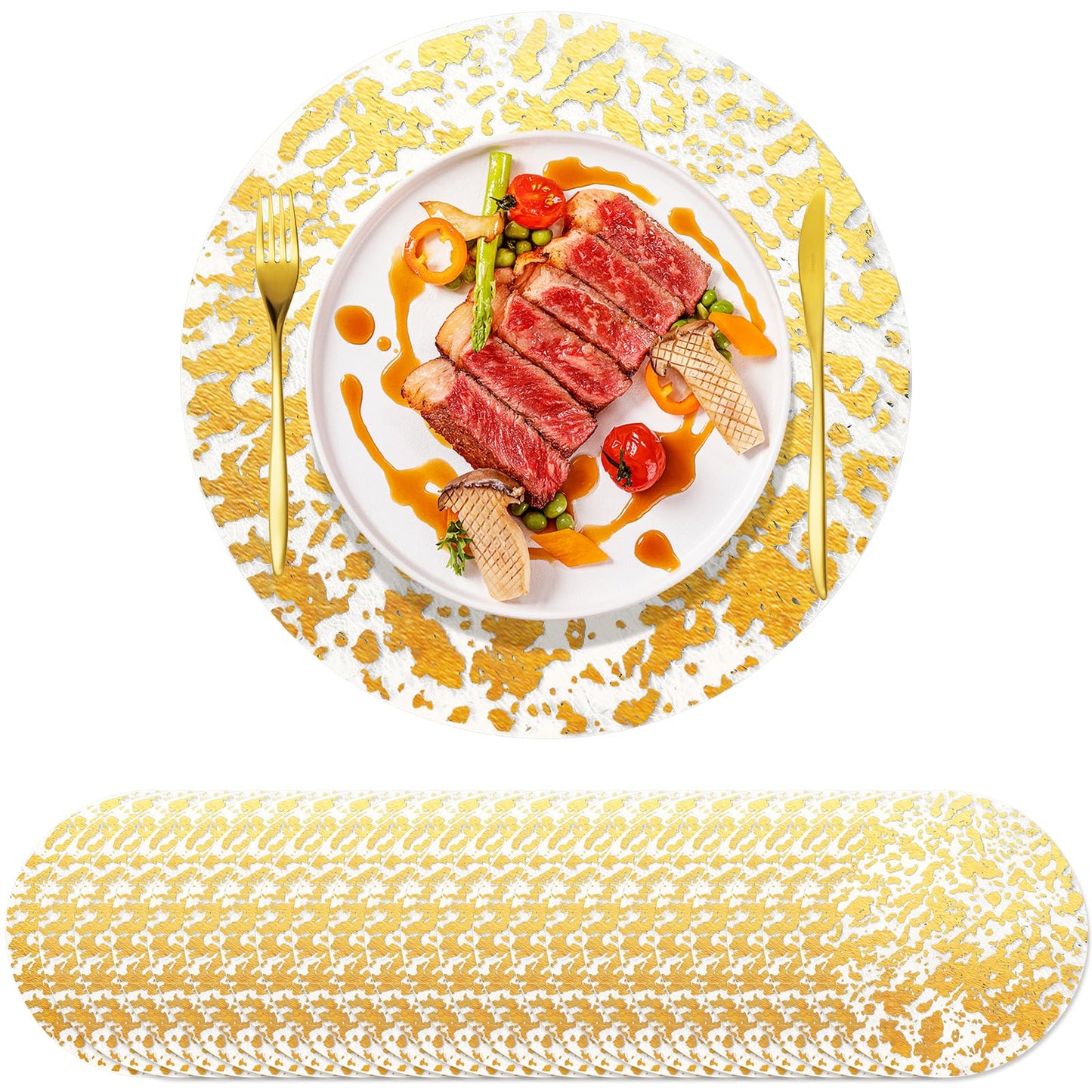 KesaPlan 100 PCS Disposable Gold Placemats Set, 13" Metallic Round Doilies for Tables, Gold Foil Mesh Pressed String Table Mats, Thin Mesh Decorative Doilies for Wedding, Holiday, Party, Christmas