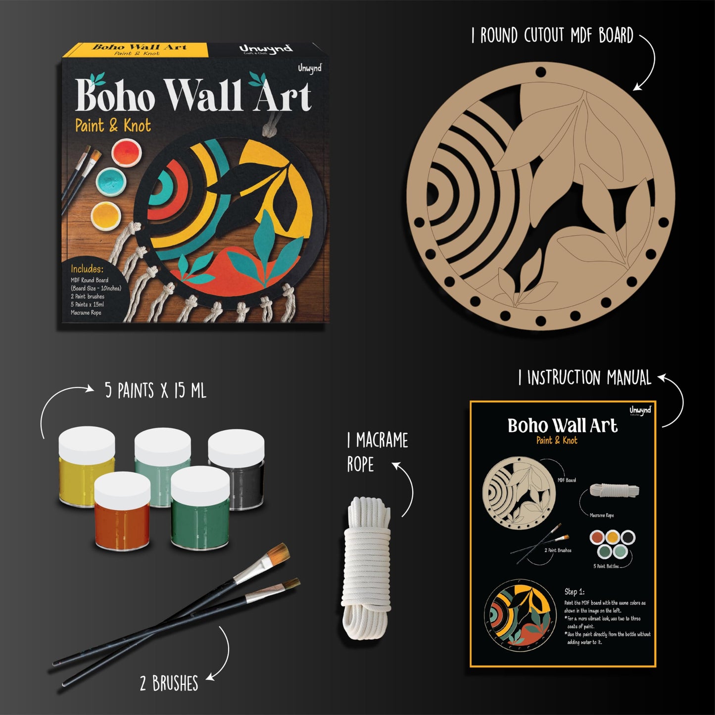 Unwynd Boho Wall Art DIY Craft Kit | Paint 10" MDF Cutout & Learn Macrame Knots | Relaxing Creative Activity | Perfect Mother’s Day Gift for Moms & Women