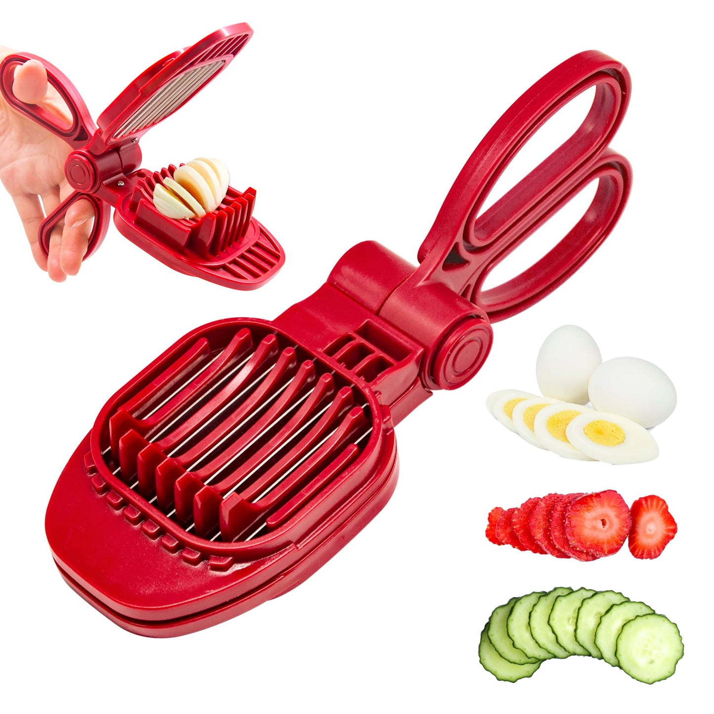 Fruit Slicer, Strawberry, Banana, Kiwi Cutter, Egg Slicer for Hard Boiled Eggs, for Fruit Sausages, Cucumbers, Mushroom Cutter, Rapid & Safe Slicing Kitchen Gadgets (Red)