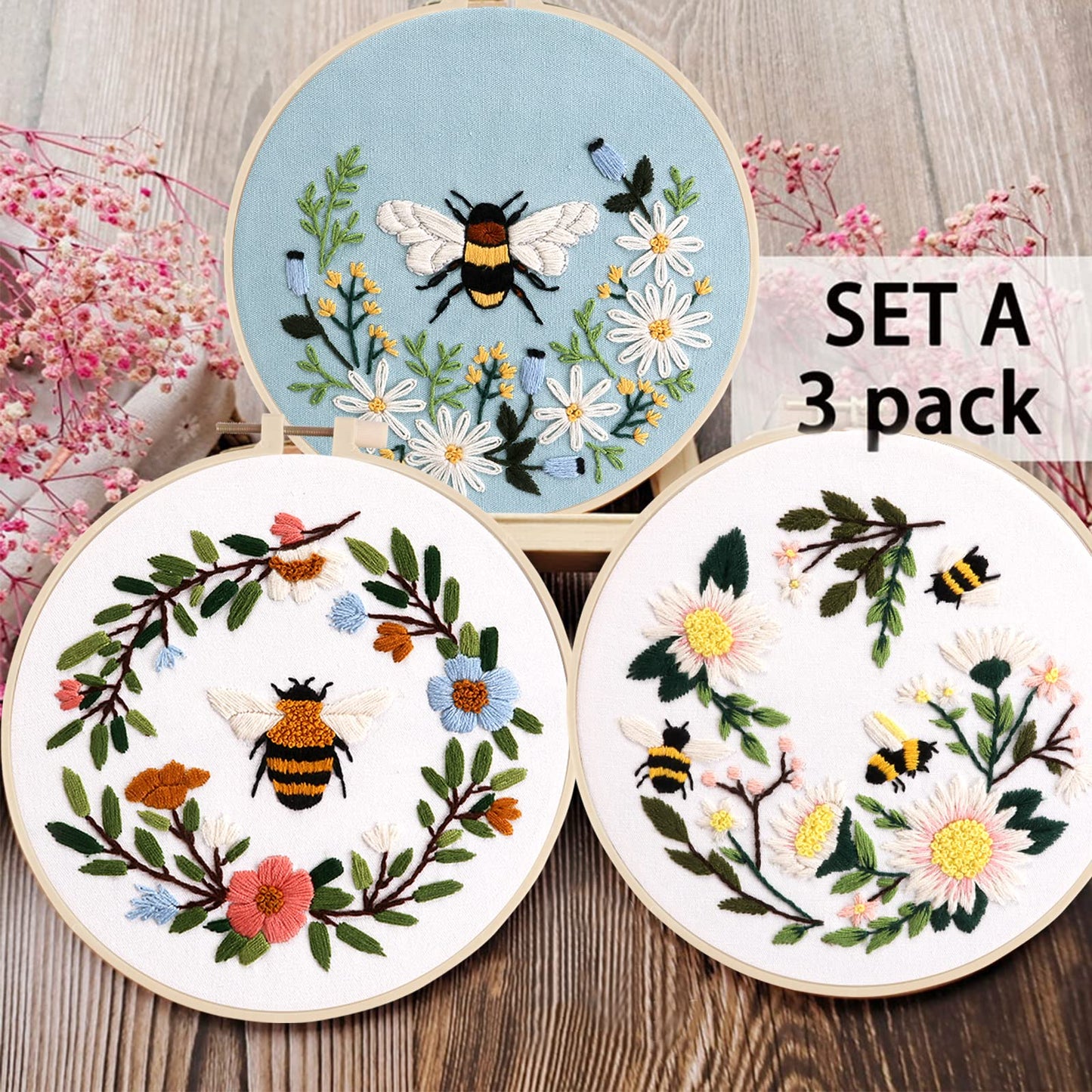 Lukinbox Embroidery Starter Kit for Beginners, 3 Sets Cross Stitch Kits for Adults, Include Embroidery Clothes with Cute Bees and Flowers Patterns, 1 Embroidery Hoop, Threads, Needles and Instruction