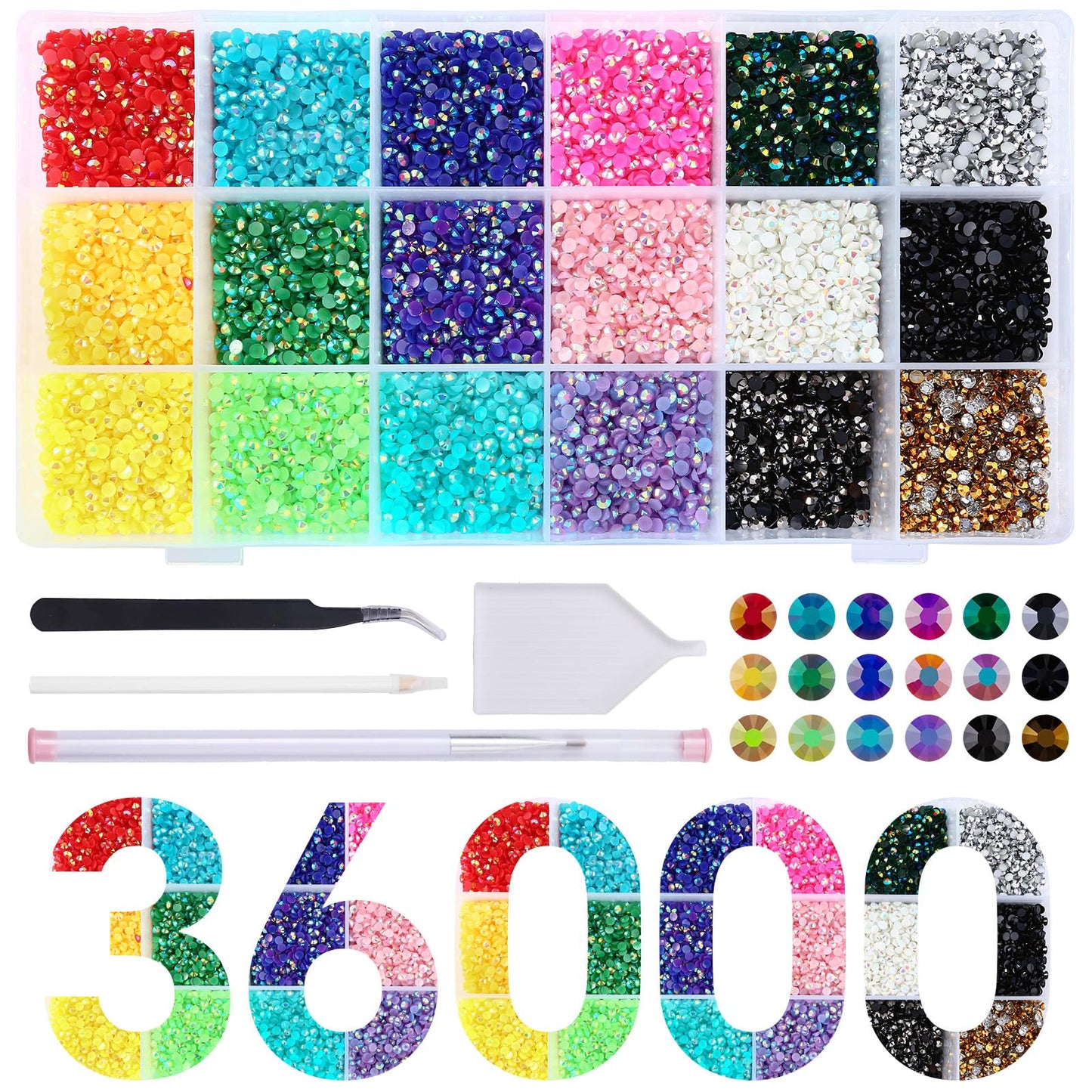 Meibite Jelly Rhinestones Kit 36000pcs Flatback Gems for Crafts, 3mm Round Rhinestones for Nails, Clothes, Tumblers, Decoration, DIY Bedazzling Kit with Tools