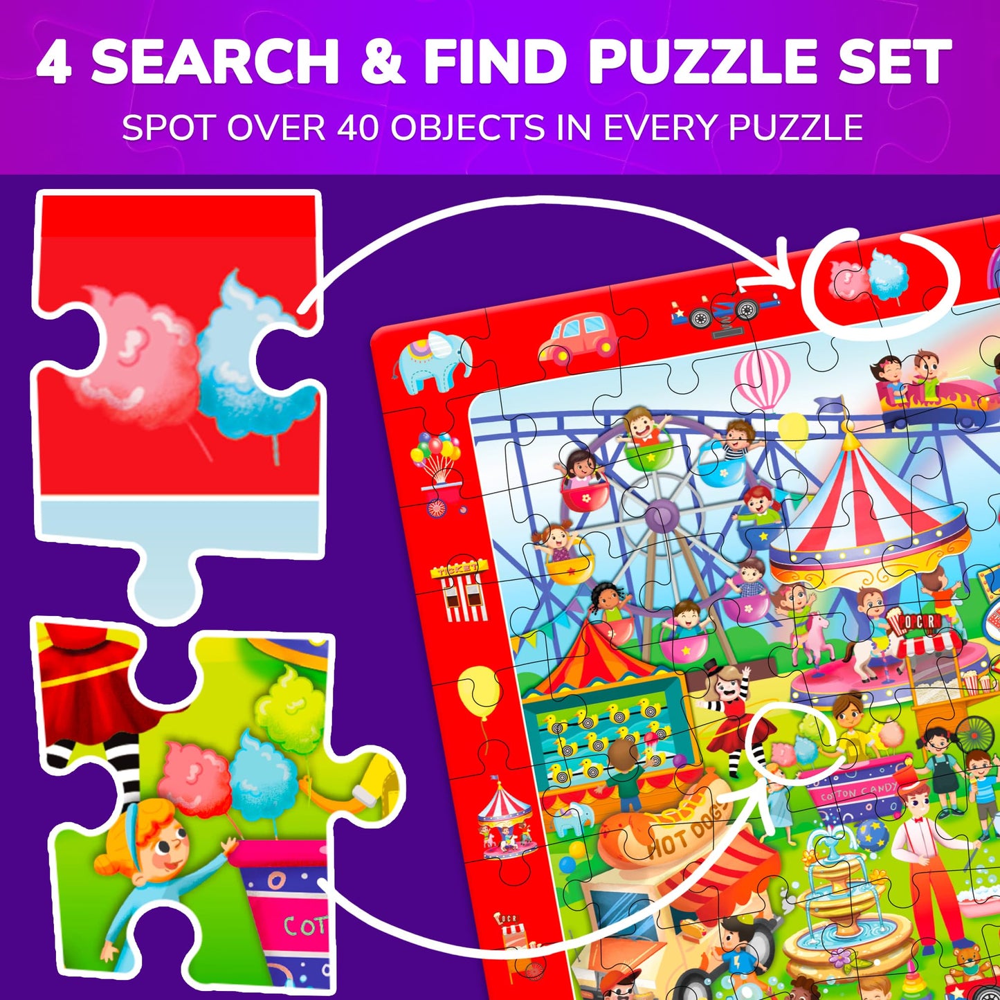 QUOKKA 100 Piece Puzzles for Kids Ages 4-6 – 4xSET Search and Find Kids Puzzles Ages 5-8 – Artist-Crafted Illustrations, Hidden Objects, Unique Jigsaw Shapes, Educational Activity for Learning & Play