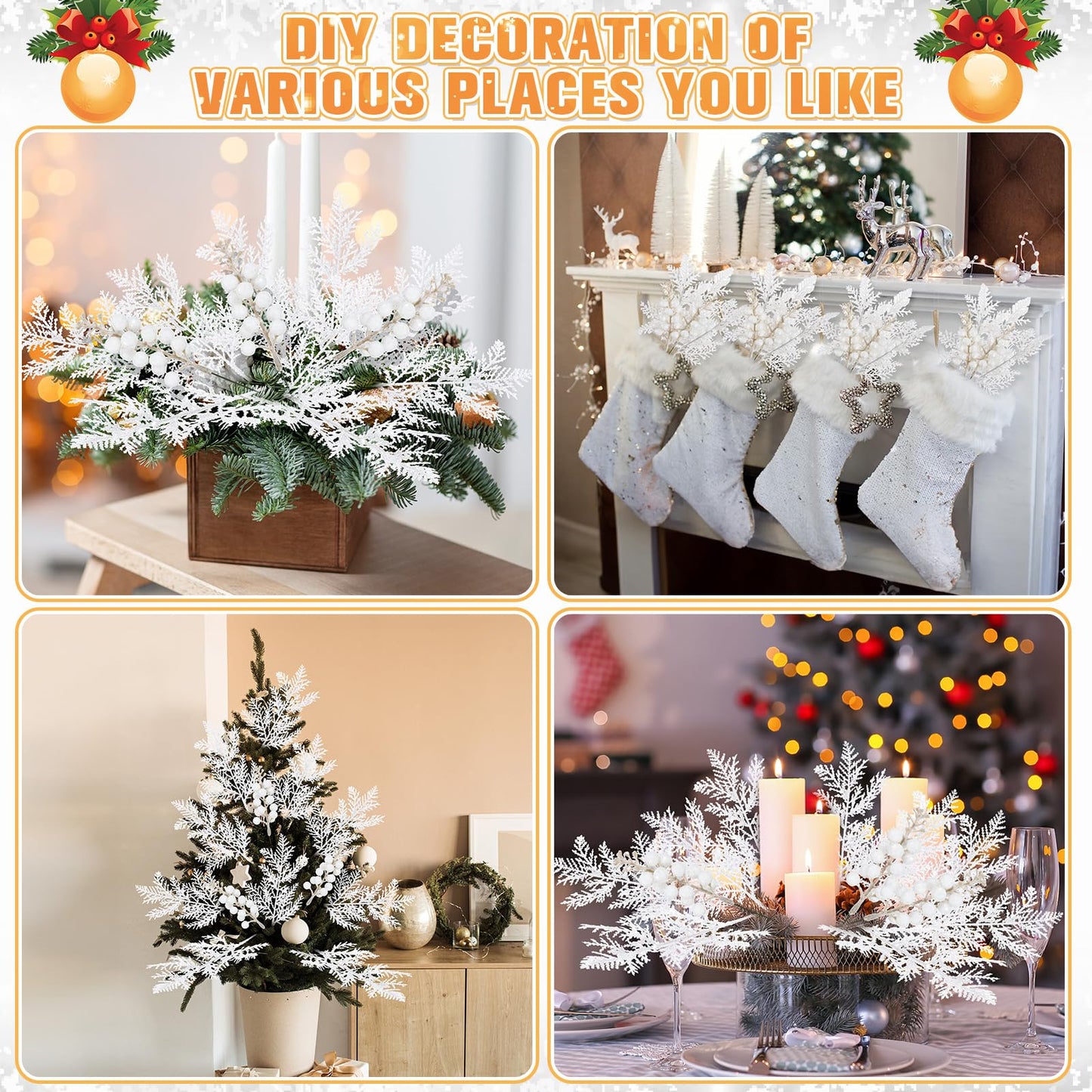 Cindeer 80 Pcs White Christmas Glitter Berries Stems Pine Needles Christmas Artificial Picks Fake Floral Twig Spray for Xmas Tree Ornaments DIY Wreath Garland Decorations