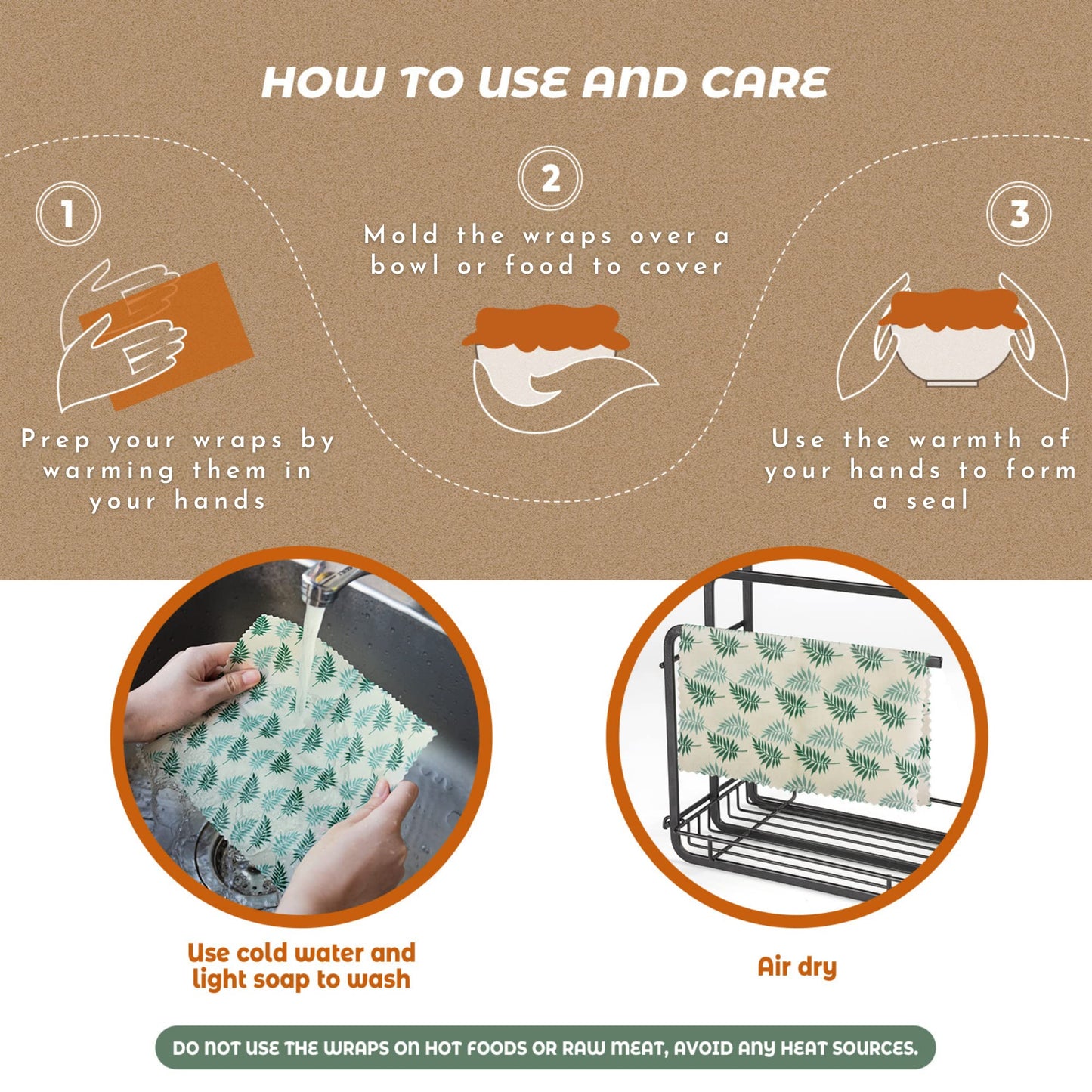 Akeeko Reusable Beeswax Food Wraps - Assorted 9 Packs, Reusable, Plastic-Free Food Storage, 5 Small, 2 Medium, 1 Large Wraps, 1 Extra Large with Tropical Leave Pattern