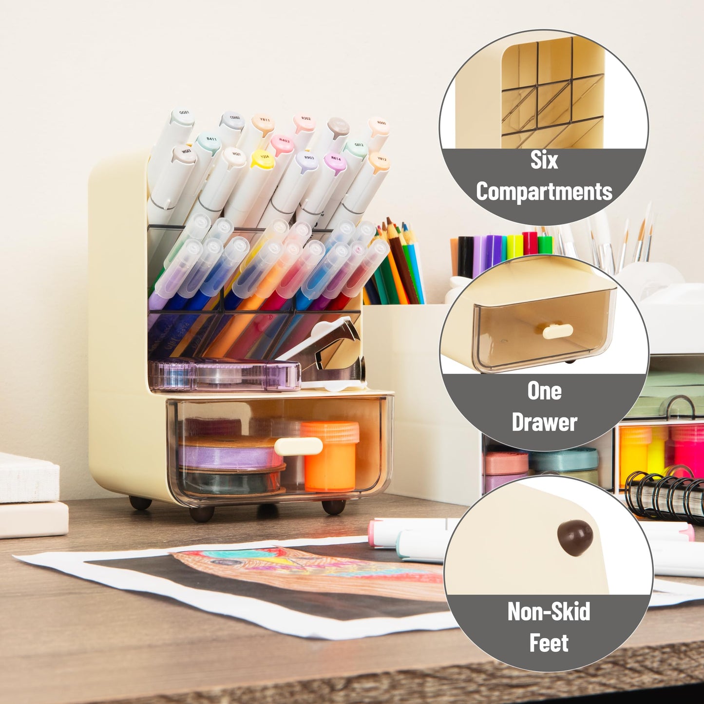 Mind Reader Compact Craft Supply Organizer with Drawer, 6 Slanted Compartments, Non-Skid Feet, Desktop Storage for Markers, Pens, Tools & Art Essentials, Plastic, White