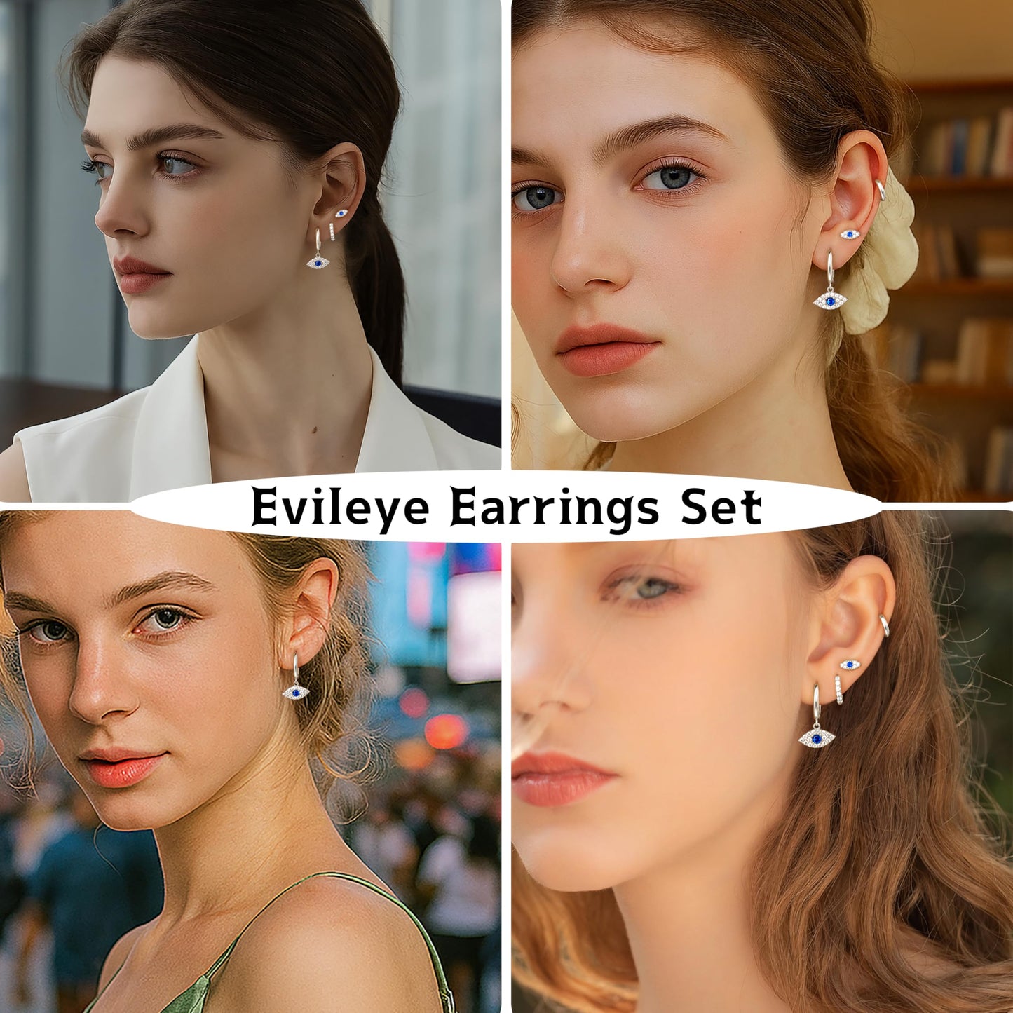 Evil Eye Earrings Set for Women, Silver Evil Eye Dangle Stud Hoop Earring Set for Multiple Piercing, Dainty Earrings for Everyday Wear Protection Jewelry