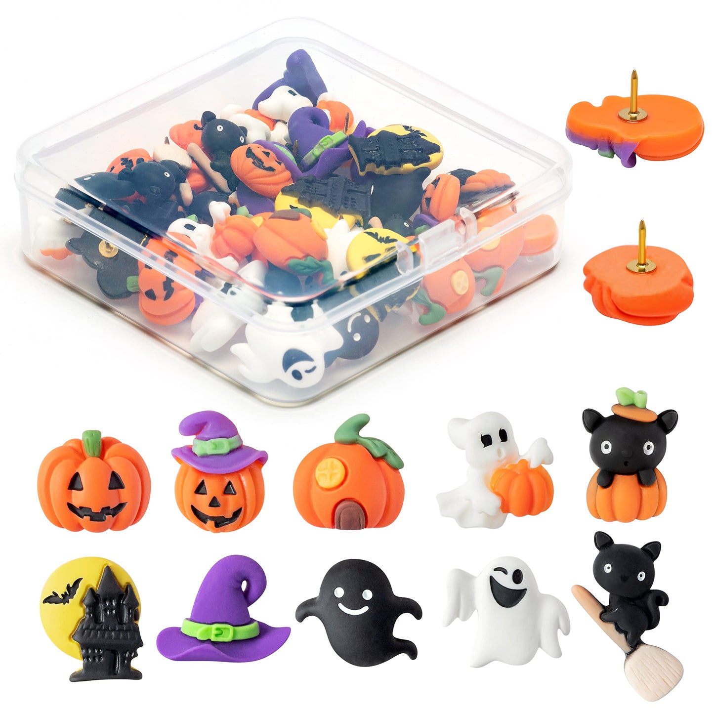 H1vojoxo 40PCS Halloween Push Pins Decoration for Cork Board, Halloween Decorative Thumb Tacks, Funny Pumpkin Push Pin for Photo Wall, Ghost Castle Push Pins for Bulletin Board