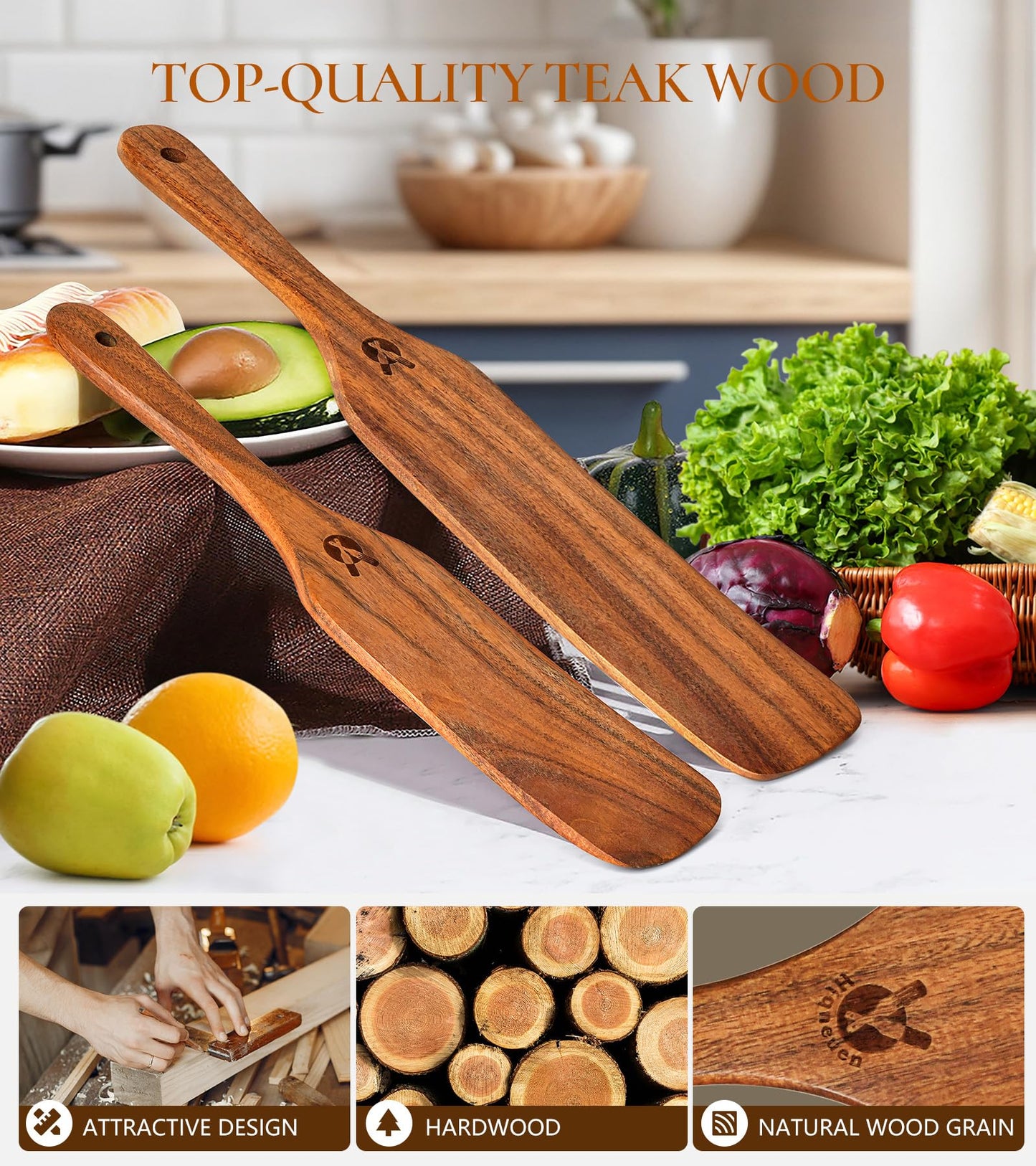 2Pcs Spurtles Kitchen Tools Wooden, Wooden Spurtle Spatula Set for Sourdough Starter, Natural from High Moist Resistance Teak, Kitchen Utensils for NonStick Cookware