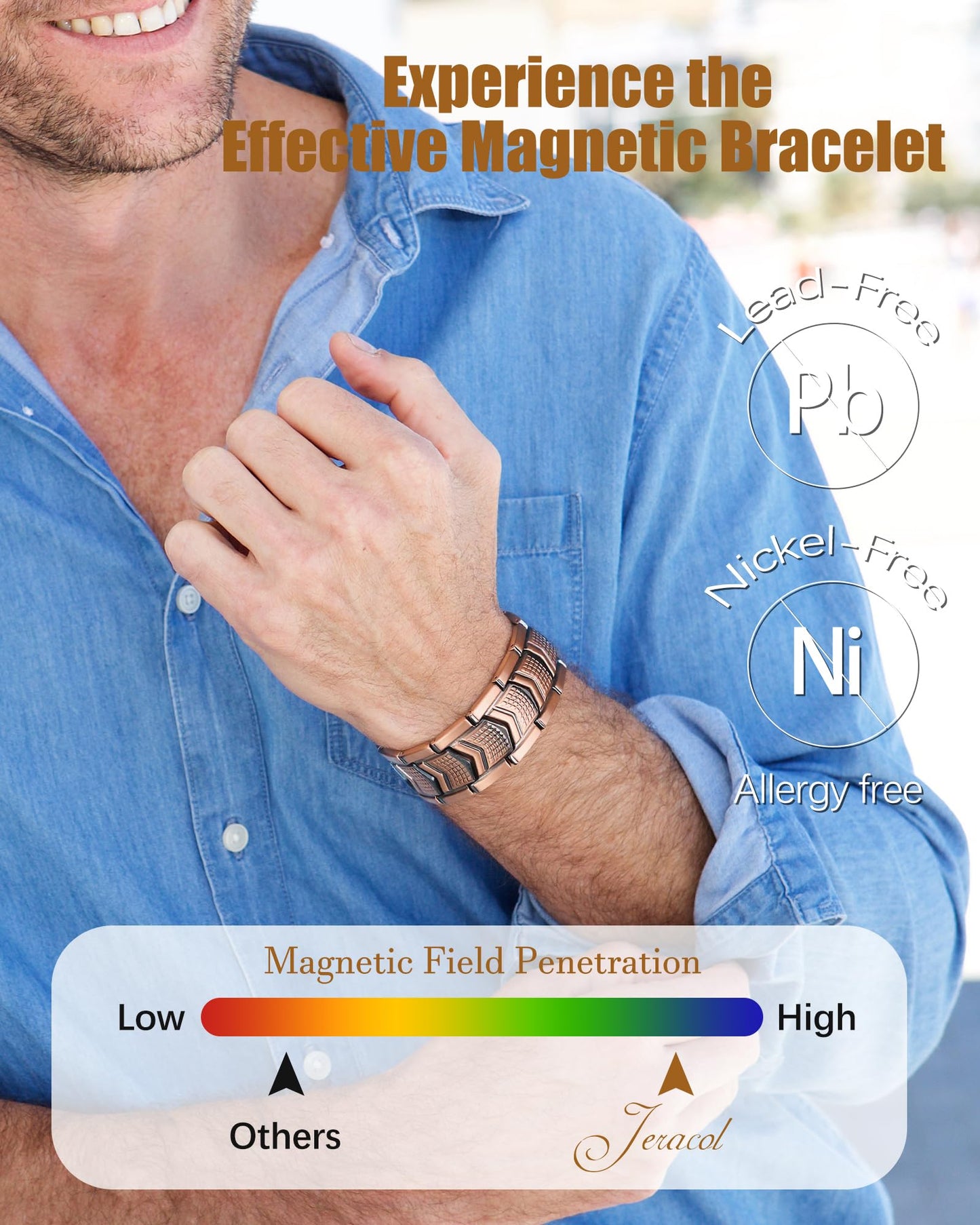 Jeracol 3X Strength Magnetic Copper Bracelet & Ring for Men - 99.9% Pure Copper Bracelet - Premium Fold-Over Clasp and Adjustable Length Sizing Tool & Jewelry Box