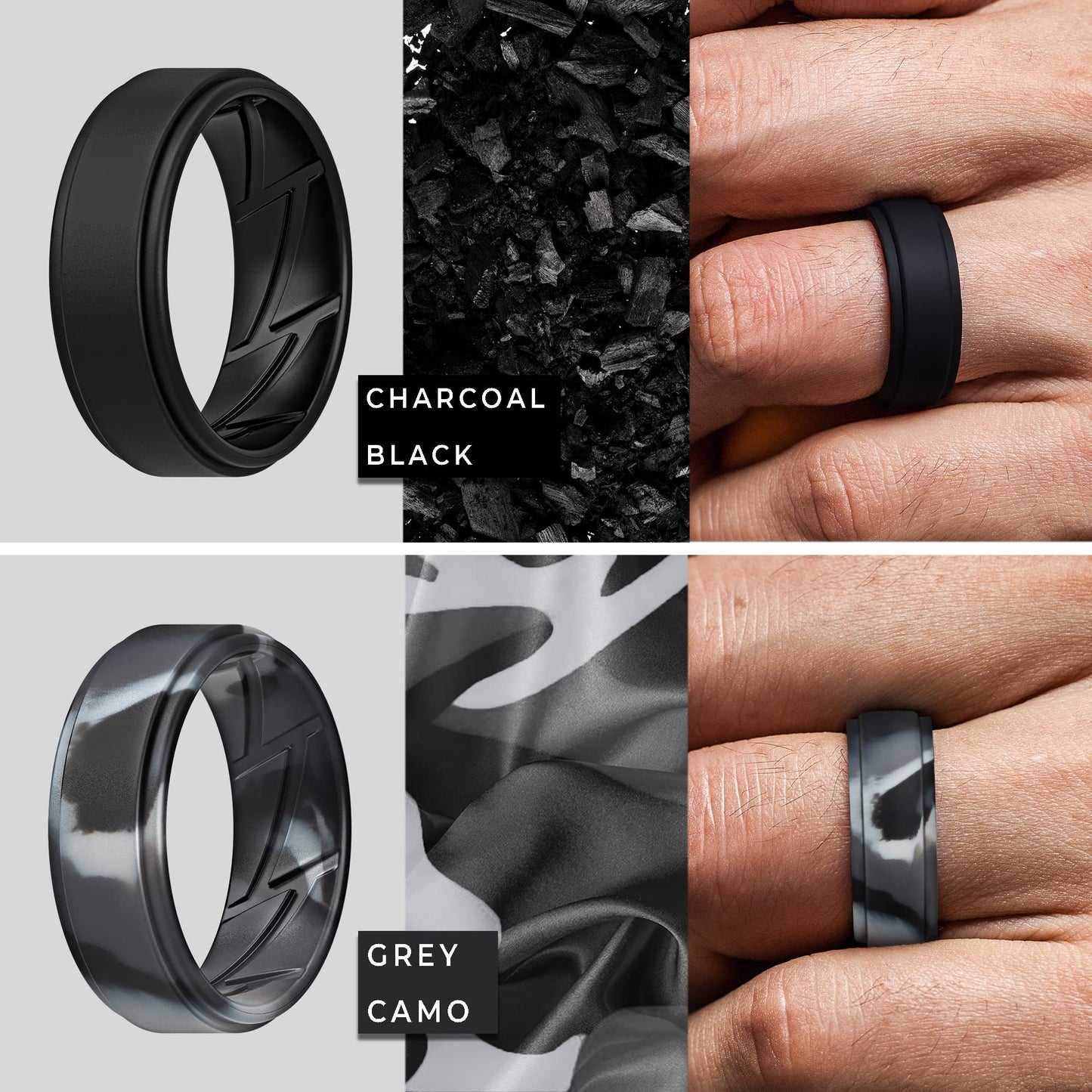 ThunderFit Silicone Wedding Rings for Men Breathable Airflow Inner Grooves, Step Edge Sleek Design Rubber Engagement Bands 8mm Wide 2mm Thick, Variety Multipack 1-7