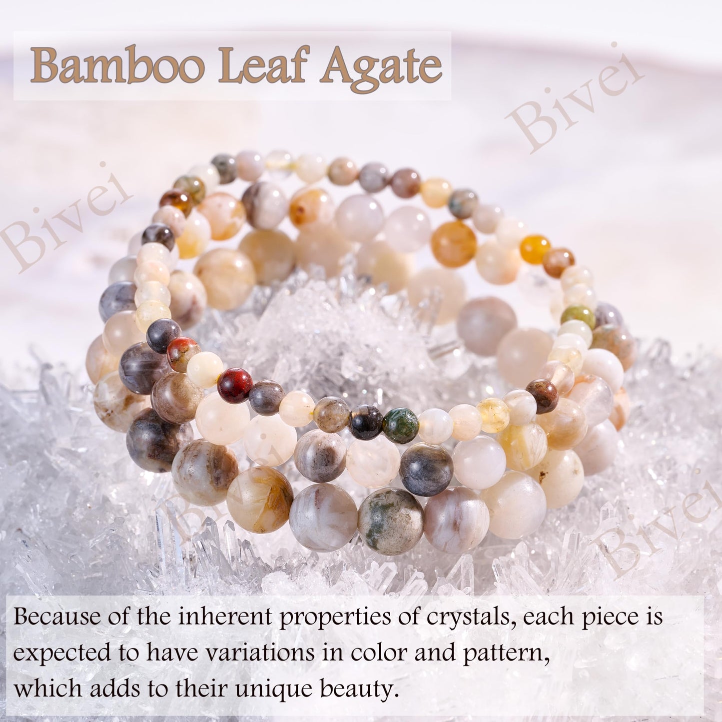 Bivei Bamboo Leaf Agate-Steady Growth-4mm Beaded Bracelets for Women Handmade Semi Precious Natural Stone Stretch Elastic Jewelry Yoga Protection Gifts