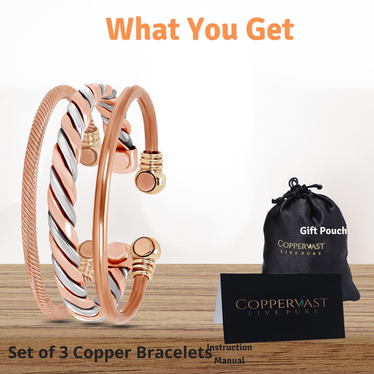 Coppervast Copper Bracelets- for Men and Women | Set of 3 with Gift Box | Valentine's Day Gift for Men & Women | Handmade 100% Copper
