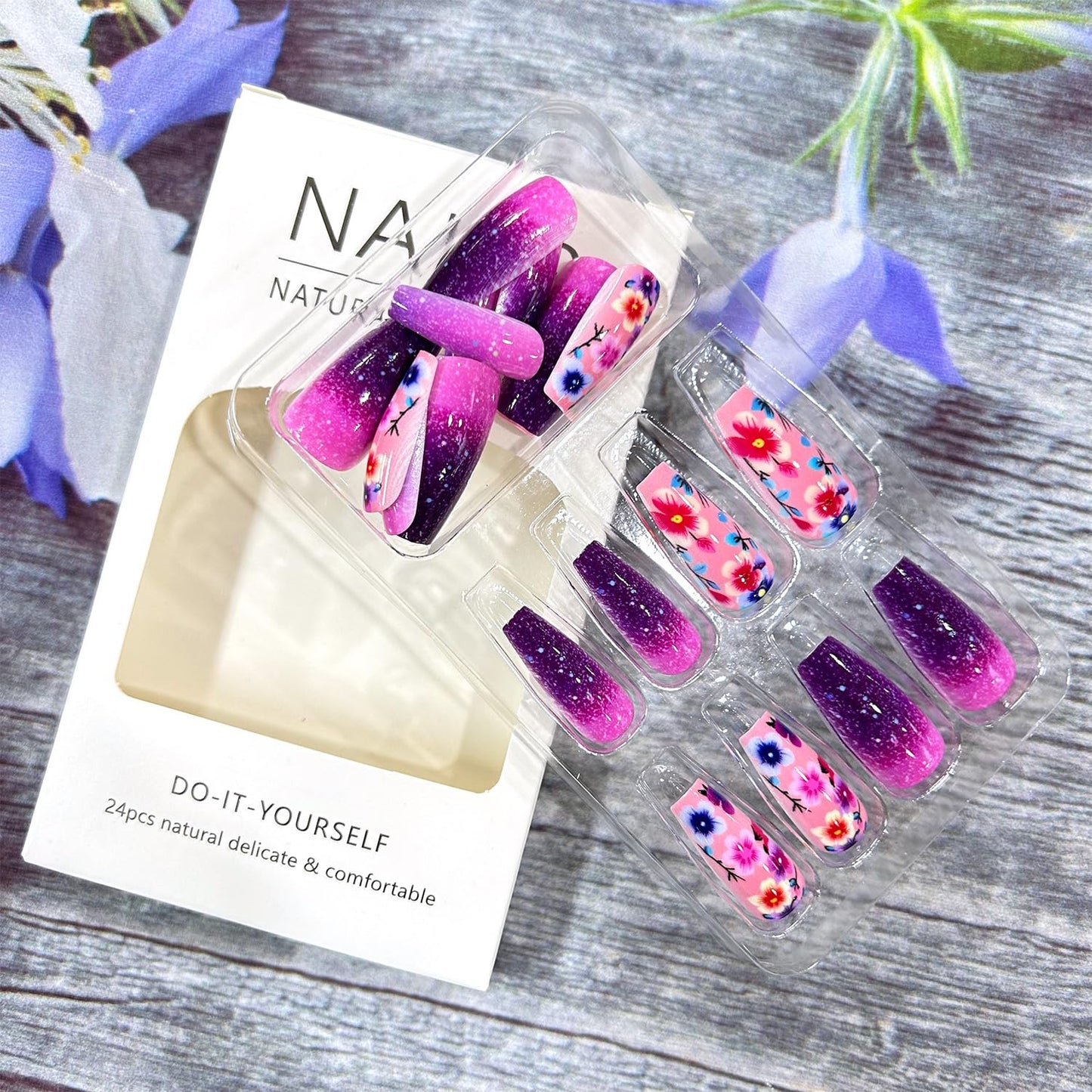 CJDLTS Press on Nails Medium Ballet Shaped Purple Flowers Pattern Design False Nails Purple Gradient Press Nails Full Cover Glitter Nails Artificial Stick on Nails Glossy Glue on Nails for Women
