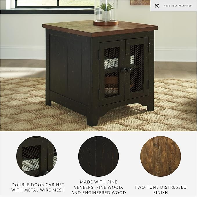 Signature Design by Ashley Valebeck Farmhouse Rectangular End Table with Storage, Distressed Brown & Black Finish