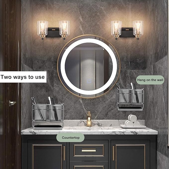 Gray Toothbrush Holders for Bathrooms, Toothbrush Holders with Drain Tray, 2 Cups Tooth Brushing Holder, Bathroom Organizers and Storage Caddy Countertop for Toothpaste, Razors, Toothbrush