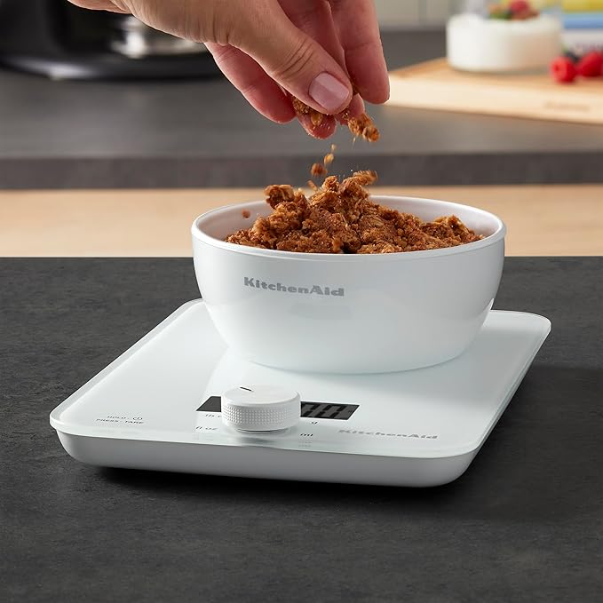KitchenAid KQ914WH Glass Surface 11 Pound Capacity Digital Kitchen and Food Scale, Scale for Food Ounces and Grams, Dry and Liquid Ingredients, White