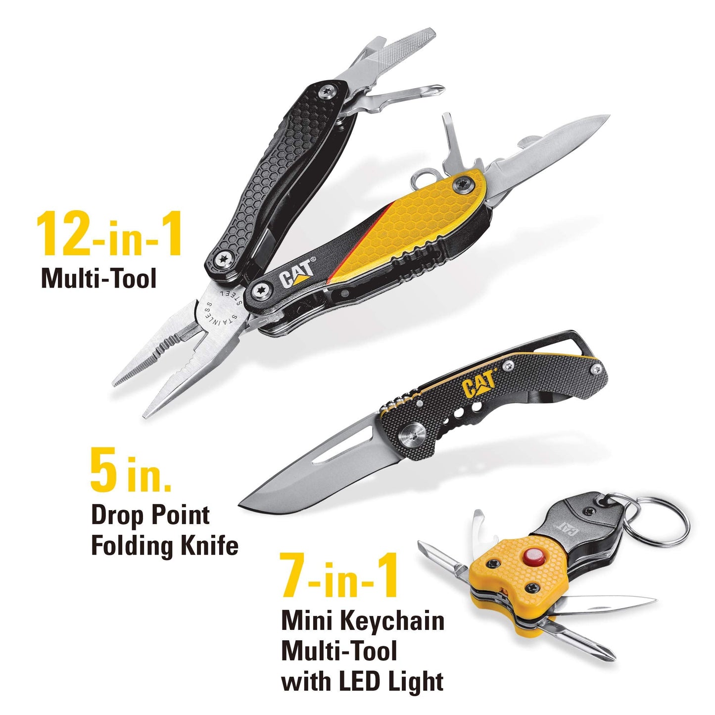 Cat 3 Piece 12-in-1 Multi-Tool, Knife, and Multi-Tool Key Chain Gift Box Set - 240192 , Yellow