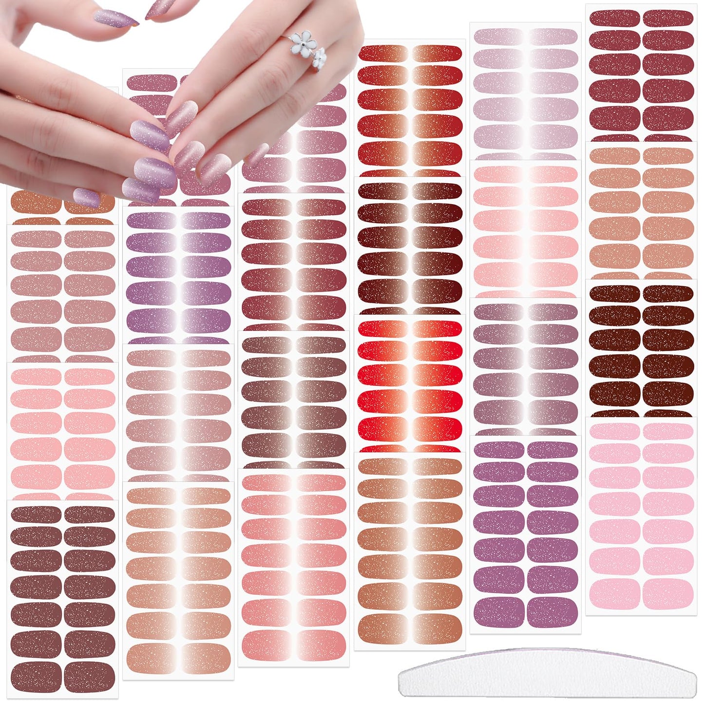 JERCLITY 24 Sheets Glitter Nail Wraps for Short Nails Gradient Solid Color Nail Polish Strips Self-Adhesive Nail Stickers Full Wraps for Women Girls